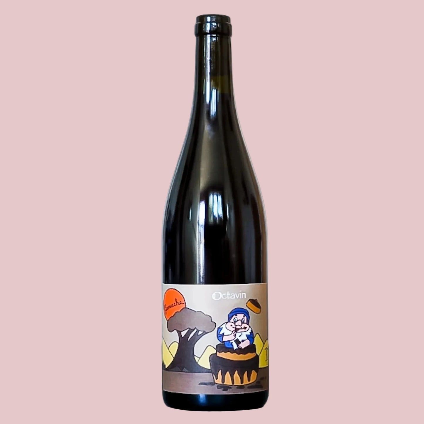 Wine bottle with a decorative label on a beige background