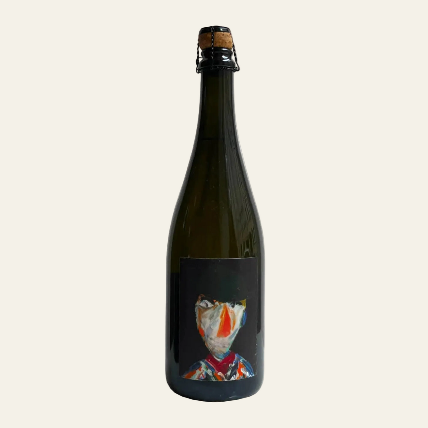 Wine bottle with an artistic label on a beige background
