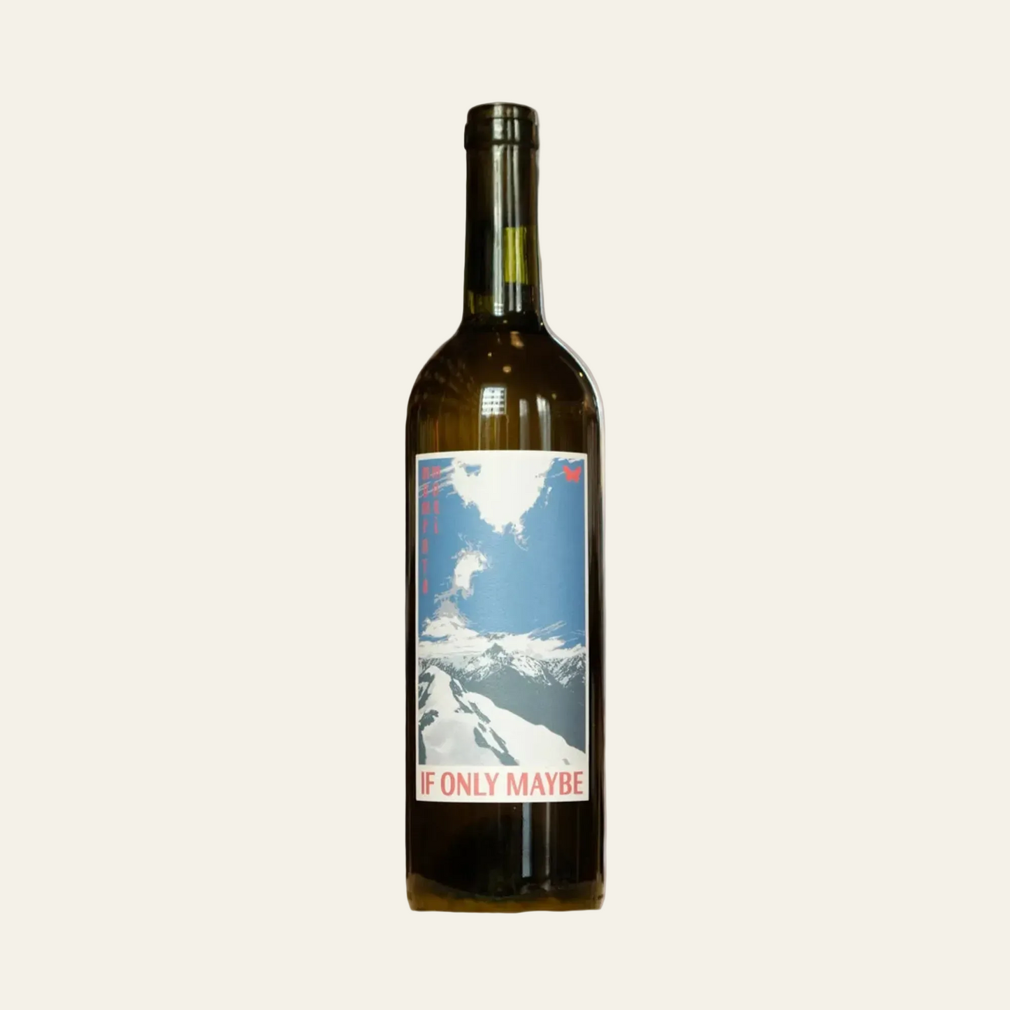 Wine bottle with a label featuring a scenic design on a beige background