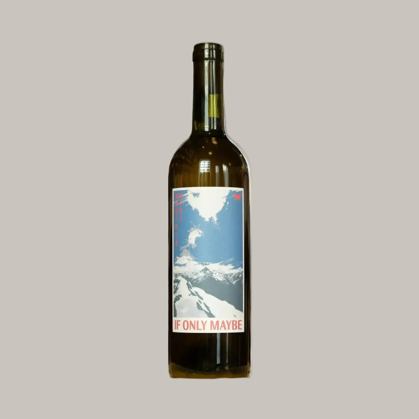 Wine bottle with a label featuring a scenic design on a beige background