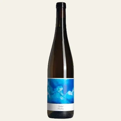 Wine bottle with a blue label on a white background