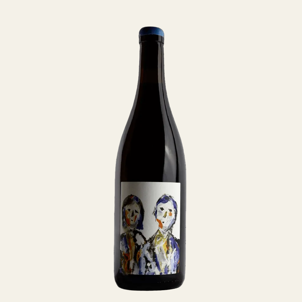 Wine bottle with a label featuring two stylized figures on a beige background