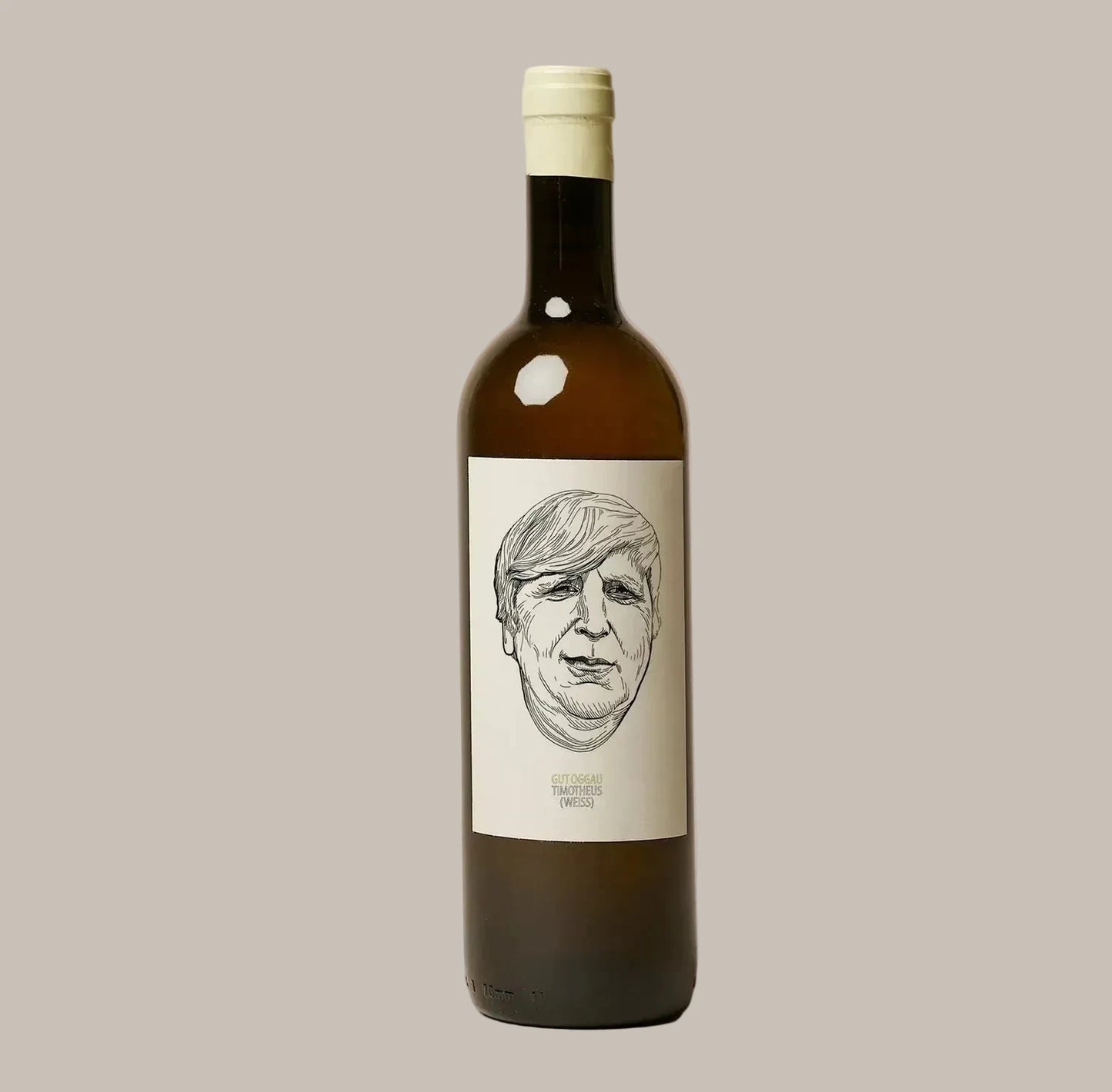 Wine bottle with a label featuring a portrait on a beige background