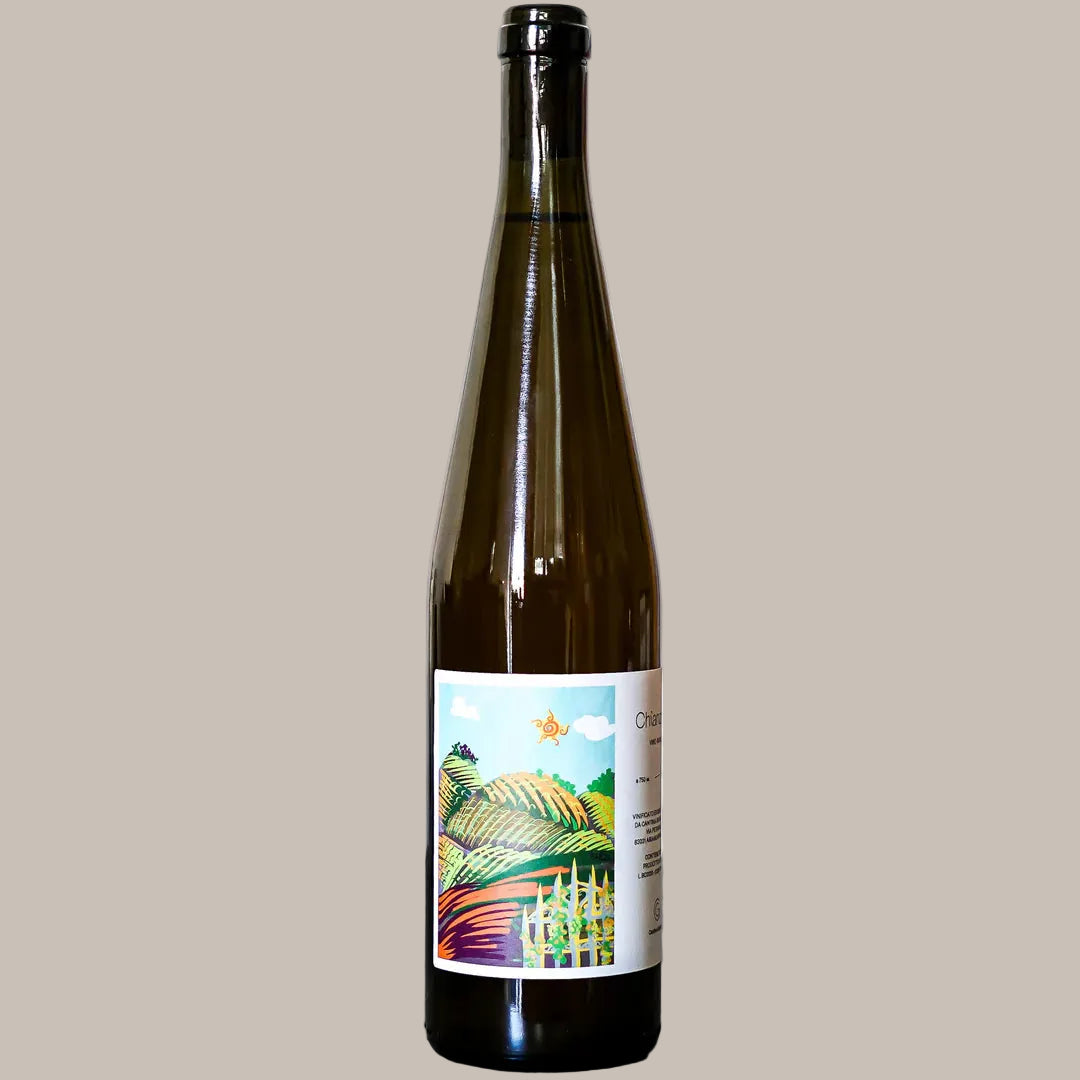 Wine bottle with a colorful label on a gray surface and white background